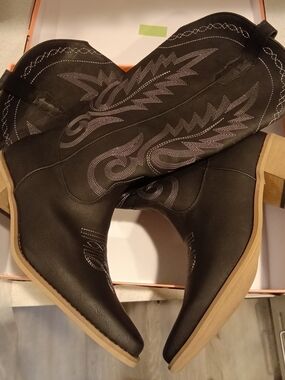 Azazie Black Embroidered Western Ankle Booties
